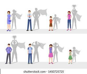 Leadership flat vector illustration. Happy people with superhero shadow, confident men, women and kids cartoon characters. Symbol of ambition, courage, success and motivation