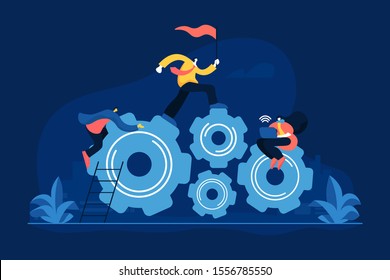 Leadership flat vector illustration. Personal development, job promotion, career growth concept. Office leader holding red flag and running cartoon character. Best employee, corporate worker