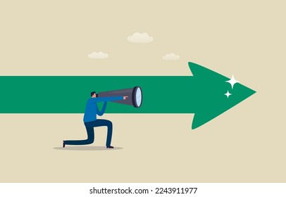 Leadership forward looking for business.  
business opportunity or business growth.  
Businessman looks through binoculars following a green arrow.