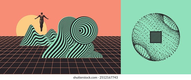 Leadership, freedom or development concept. Art composition. 3D Sphere. Landscape background. Pattern with optical illusion. Vector illustration for cover, card, poster, brochure or presentation.