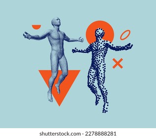 Leadership, freedom or development concept. Astral travel out of body. Reincarnation spiritual concept. Flying man in zero gravity. Art composition in сoarse and fine style. Levitation act. 3D vector.