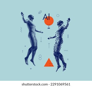 Leadership, freedom or development concept. Astral travel out of body. Reincarnation spiritual concept. Flying man in zero gravity. Art composition in сoarse and fine style. Levitation act. 3D vector.