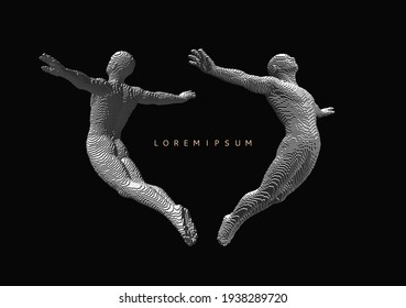 Leadership, freedom or development concept. Сouple jumping back to back. Gymnastics activities for icon health and fitness community. Voxel art. 3D vector illustration.