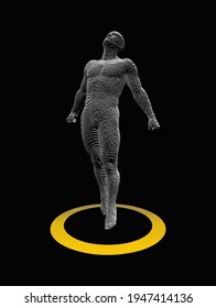 Leadership, freedom or development concept. Jumping man. Man stands in the middle of a circle. Human teleportation. Life course. Voxel art. 3d vector illustration. 