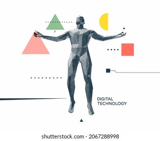 Leadership, freedom or development concept. Jumping man. 3D human body model. Design for sport. Vector illustration composed of particles.