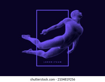 Leadership, freedom or development concept. Jumping man. 3D human body model. Design for sport. Vector illustration composed of particles.
