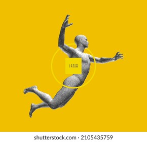 Leadership, freedom or development concept. Jumping man. 3D human body model. Design for sport. Vector illustration composed of particles.