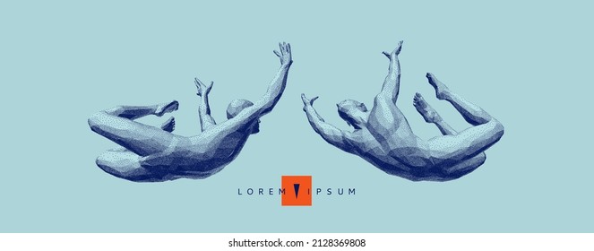 Leadership, freedom or development concept. Сouple jumping face to face. Gymnastics activities for icon health and fitness community. Pixel art. 3D vector illustration.