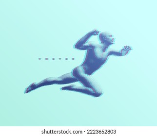 Leadership, freedom or development concept. Jumping man. The person is striving forward to success. 3D human body model. Design for sport. Vector illustration composed of particles.