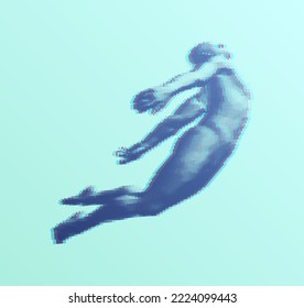 Leadership, freedom or development concept. Jumping man. Flying man in zero gravity or a fall. Hovering in the air. Levitation act. Pixel art with glitch effect. Human body model composed of particles