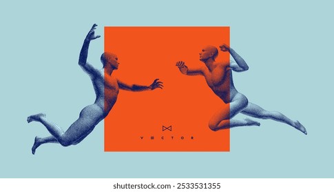 Leadership, freedom or development concept. Сouple jumping face to face. Gymnastics activities for icon health and fitness community. Pixel art. 3D vector illustration.