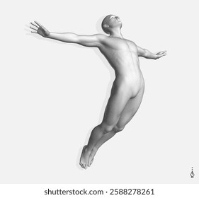 Leadership, freedom or development concept. Jumping man. 3D human body model. Design for sport. Vector illustration composed of particles.
