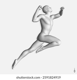 Leadership, freedom or development concept. Jumping man. 3D human body model. Design for sport. Vector illustration composed of particles.