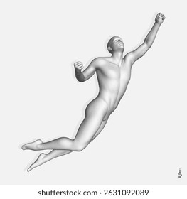 Leiderschap, vrijheid of ontwikkelingsconcept. Springman. 3D menselijk lichaam model. Ontwerp voor sport. Vectorillustratie samengesteld uit deeltjes.