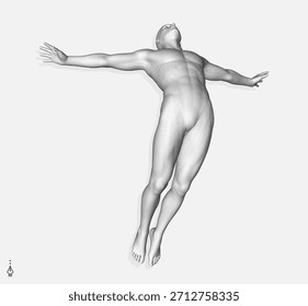 Concepto de liderazgo, libertad o desarrollo. Saltando hombre. Modelo de cuerpo humano 3D. Diseño para el deporte. Ilustración vectorial compuesta de partículas.
