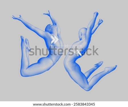 Leadership, freedom or development concept. Сouple jumping face to face. Gymnastics activities for icon health and fitness community. Pixel art. 3D vector illustration.