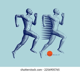 Leadership, freedom or development concept. Running man or marathon runner in сoarse and fine style. 3D human body model. Stipple effect. Design for sports club, fitness, competition or marathon. 