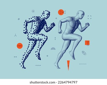 Leadership, freedom or development concept. Running man or marathon runner in сoarse and fine style. 3D human body model. Stipple effect. Design for sports club, fitness, competition or marathon. 