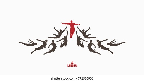 Leadership, freedom or happiness concept. Successful team leader. Vector illustration with people silhouette for business. 