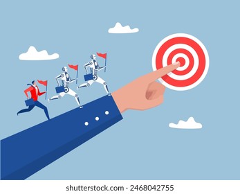 Leadership  future  Business model Competation to success in work  between Human with robot leader holding winner flag running lead business people on pointing finger.
