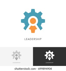 Leadership gear wheel logo - director or head with staff and pinion symbol. Business, teamwork and cooperation vector icon.