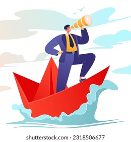 Leadership, goal achievement, vision or forward-looking strategy for success concept of finding new ideas and financial flows, successful businessman leader with telescope, on paper ship. 