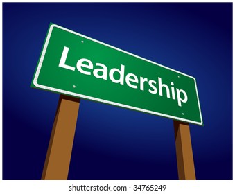 Leadership Green Road Sign Illustration on a Radiant Blue Background.