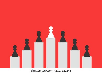Leadership and growth concept, red pawn of chess, standing out from the crowd of black pawns, on red background with empty copy space