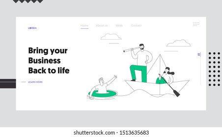 Leadership and Guidance Planning Strategy Website Landing Page. Business People Sailing Paper Ship in Sea. Captain with Spyglass Look Forward Web Page Banner. Cartoon Flat Vector Illustration Line Art