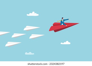 Leadership to guide team direction lead to success, determination or decision to motivate team, power to control or influence people concept, confident businessman lead other paper airplane origami.