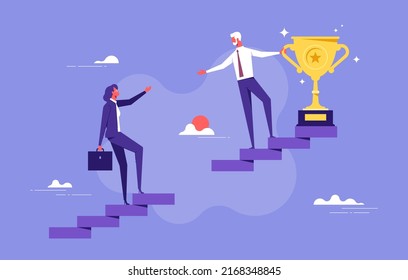 Leadership help colleague to succeed and reach goal achieve target, mentorship, support or help for career success concept, businessman leader help employee climb to target at top of stair