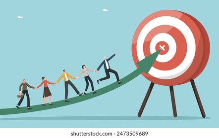 Leadership for helping employees achieve business goals, teamwork intelligence or motivation for high results, mentoring for accuracy in goal setting, team walks along arrow to target on dart board.