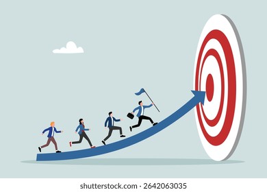 Leadership for helping employees achieve business goals, teamwork intelligence or motivation for high results, mentoring for accuracy in goal setting, team walks along arrow to target on dart board.