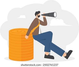 Leadership holding binoculars upside down on top of stack of coins. Business vision vector illustration

