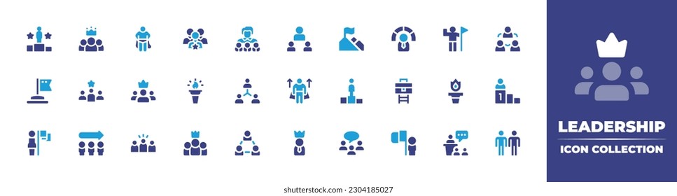 Leadership icon collection. Duotone color. Vector illustration. Containing leadership, superheroes, mission, performance, group, flag, team leader, team, role model, podium, career, hierarchy.