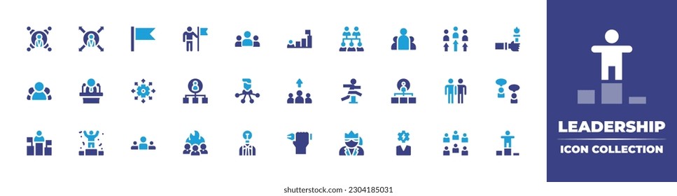 Leadership icon collection. Duotone color. Vector illustration. Containing leadership, flag, team, objective, hierarchy, leader, teamwork, torch, speech, approach, coaching, structure, group chat.