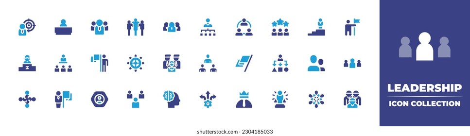 Leadership icon collection. Duotone color. Vector illustration. Containing target, boss, leader, team, networking, organization, podium, conference, steering wheel, candidate, staff, flag, assortment.