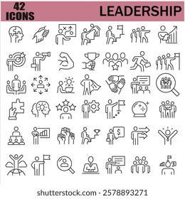 leadership icon set. 42 line leadership icons. Simple modern icons about - enterprise, teamwork, career promotion, businesswoman, agreement, meeting, team, businessman, employee