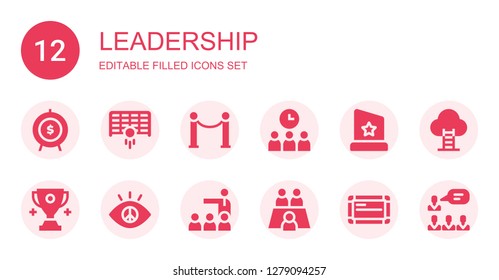 leadership icon set. Collection of 12 filled leadership icons included Goal, Line, Meeting, Trophy, Vision, Whiteboard, Teamwork