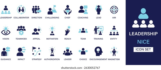 Coleção de conjuntos de ícones de liderança. Colaboração, direção, desafiador, chefe, treinamento, liderança, objetivo, visão, trabalho em equipe, motivação e melhor conjunto de ícones sólidos.