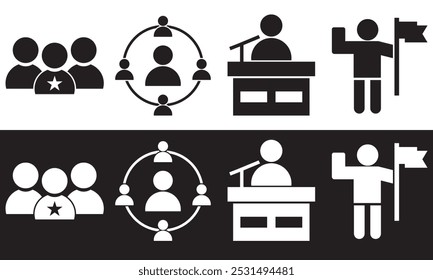 Conjunto de iconos de liderazgo. Contiene trabajo en equipo de negocios, hombre fuerte, logro, jerarquía, éxito, capacitación, asociación, campaña, asesor. aislado sobre fondo blanco y negro. EPS 10