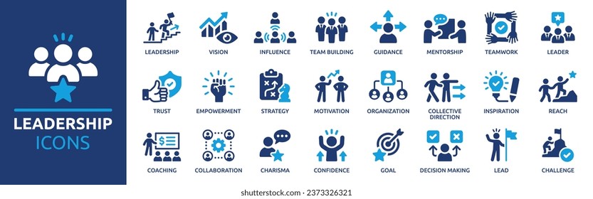 Leadership icon set. Containing leader, vision, guidance, mentorship, coaching, influence, charisma, challenge, lead and more. Vector illustration. Solid icons collection.