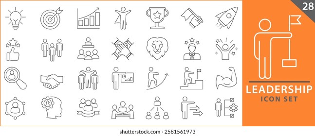 Leadership icon set. Containing leader, vision, guidance, mentorship, coaching, influence, charisma, challenge, lead and more. Vector illustration. set icons collection.