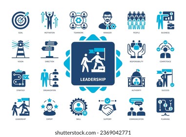 Leadership icon set. Goal, Motivation, Teamwork, Customer, Communication, Planning, Competence, Vision. Duotone color solid icons