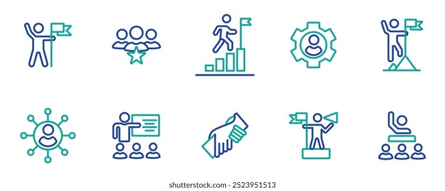 Conjunto de ícones de liderança. Hierarquia da estrutura de líder da organização humana. Mentoria, treinamento, carisma, chefe, líder, presidente, gerente. Ilustração vetorial