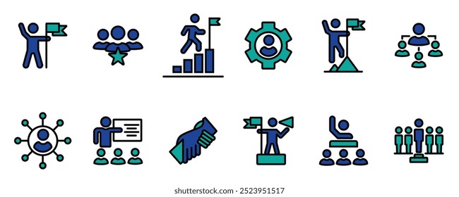 Conjunto de ícones de liderança. Hierarquia da estrutura de líder da organização humana. Mentoria, treinamento, carisma, chefe, líder, presidente, gerente. Ilustração vetorial