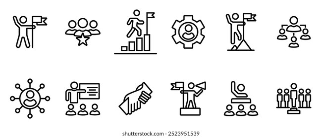 Conjunto de ícones de liderança. Hierarquia da estrutura de líder da organização humana. Mentoria, treinamento, carisma, chefe, líder, presidente, gerente. Ilustração vetorial