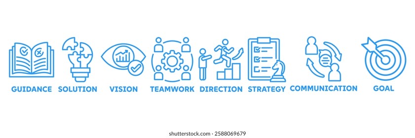 Leadership icon set illustration concept with icon of guidance, solution, vision, teamwork, direction, strategy, communication, and goal