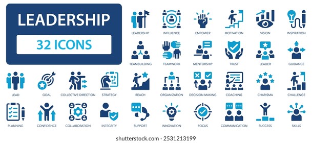 Leadership icon set. Leader, delegation, control, coaching, vision, influence, responsibility.