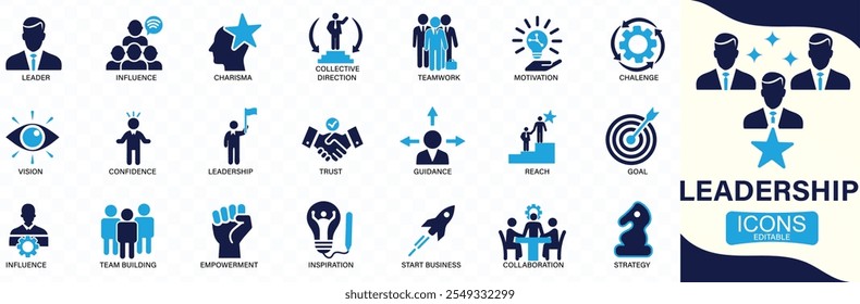 Leadership icon set líder, visão, orientação, mentoreamento, treinamento, influência, Você pode facilmente mudar a cor